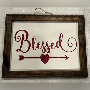 Handcrafted Framed Reverse Canvas Fuchsia Glitter Blessed with Jute Rope Hanger